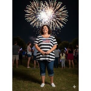 Onque Casual Plus Size 2X Striped Top - Rhinestone American Flag Patriotic Tee